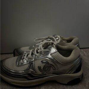 CHANEL Silver & White CC Logo Sport Sneakers